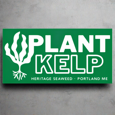 Plant Kelp bumper sticker with a seaweed icon on a green background, plus Heritage Seaweed Portland ME in small letters along the bottom